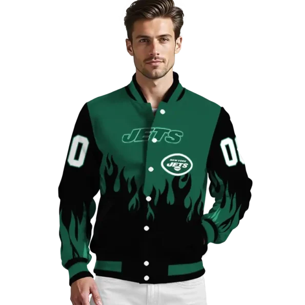 customized new york jets flame border green black varsity jacket high quality