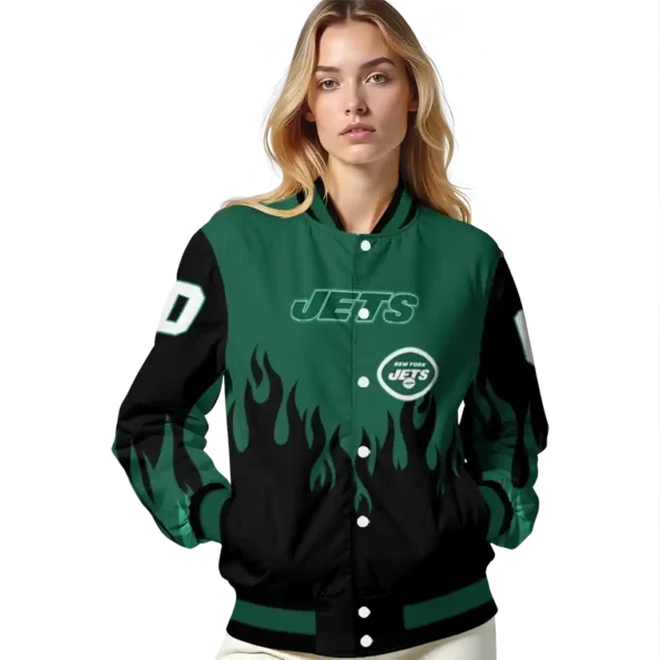 customized new york jets flame border green black varsity jacket latest model