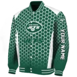 customized new york jets hexagon grid green varsity jacket best selling