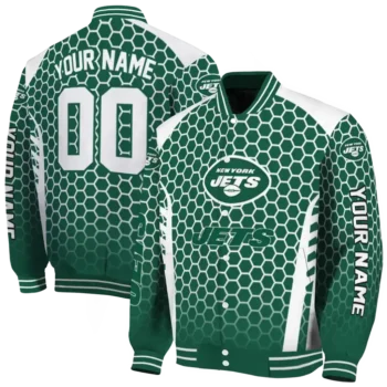 customized new york jets hexagon grid green varsity jacket fashion forward
