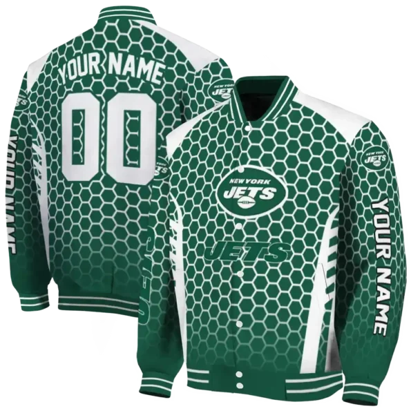 customized new york jets hexagon grid green varsity jacket fashion forward