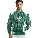 customized new york jets hexagon grid green varsity jacket best selling