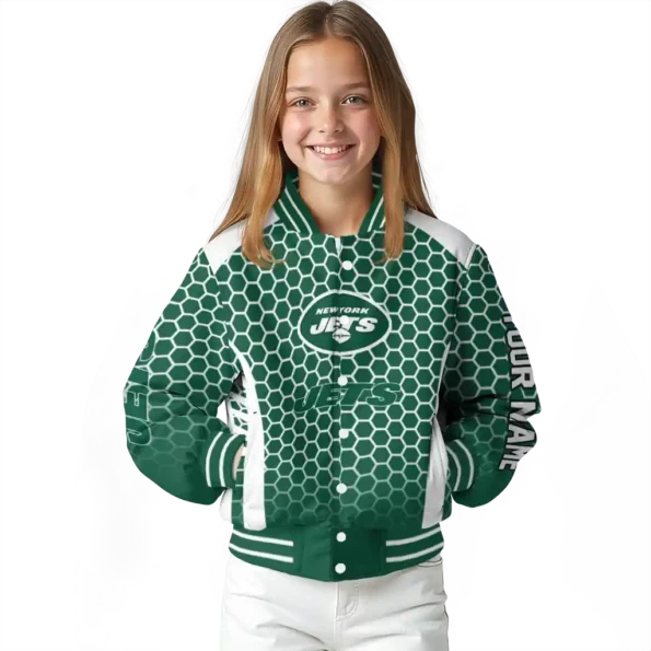 customized new york jets hexagon grid green varsity jacket top rated