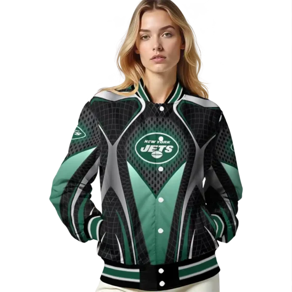 customized new york jets mesh chest black crocs black varsity jacket latest model