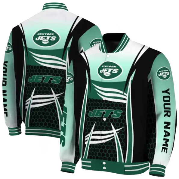 customized new york jets mesh effect green black varsity jacket fashion forward