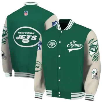 customized new york jets razorback outline green nude varsity jacket fashion forward