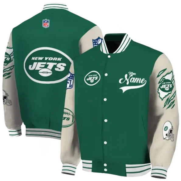 customized new york jets razorback outline green nude varsity jacket fashion forward