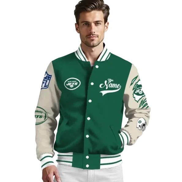 customized new york jets razorback outline green nude varsity jacket high quality