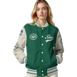 customized new york jets razorback outline green nude varsity jacket best selling