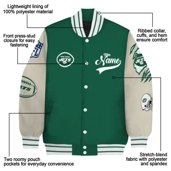 customized new york jets razorback outline green nude varsity jacket new arrival