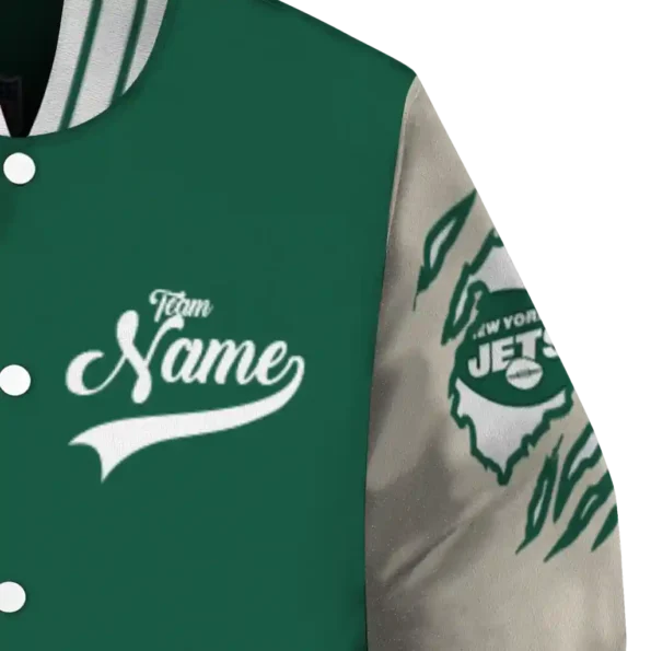 customized new york jets razorback outline green nude varsity jacket premium grade