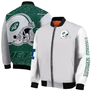 customized new york jets speckled arms green gray bomber jacket fashion forward