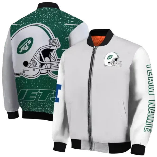 customized new york jets speckled arms green gray bomber jacket fashion forward