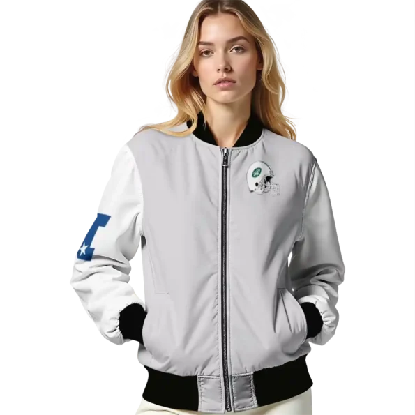 customized new york jets speckled arms green gray bomber jacket latest model