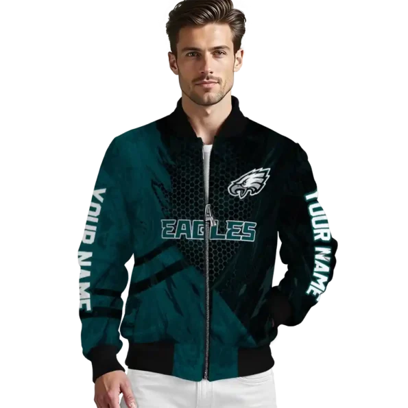 customized philadelphia eagles hexagon mesh green black bomber jacket high quality