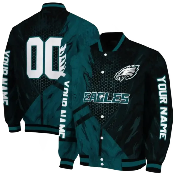 customized philadelphia eagles hexagon mesh green black varsity jacket fashion forward