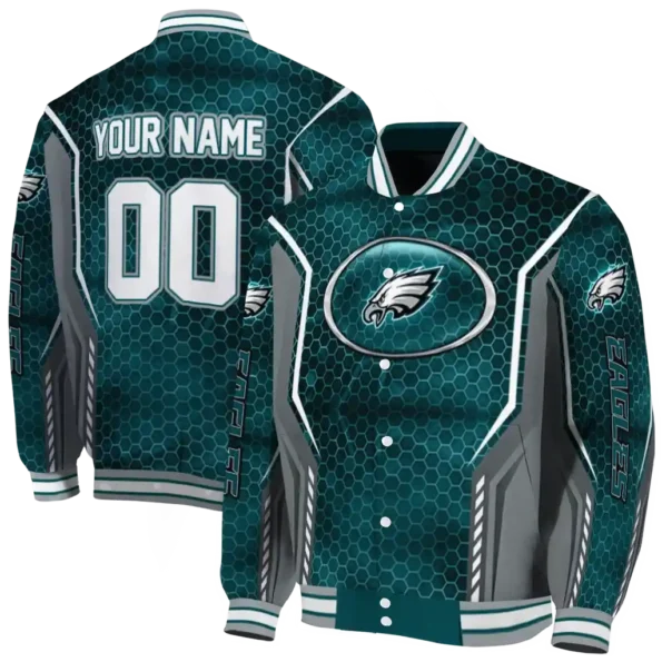 customized philadelphia eagles power plate green varsity jacket fashion forward