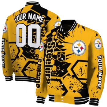 customized pittsburgh steelers hexagon cluster gold black varsity jacket fashion forward
