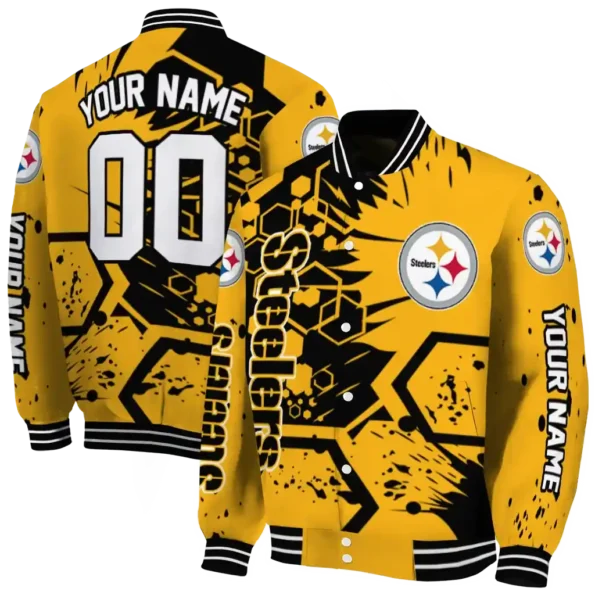 customized pittsburgh steelers hexagon cluster gold black varsity jacket fashion forward