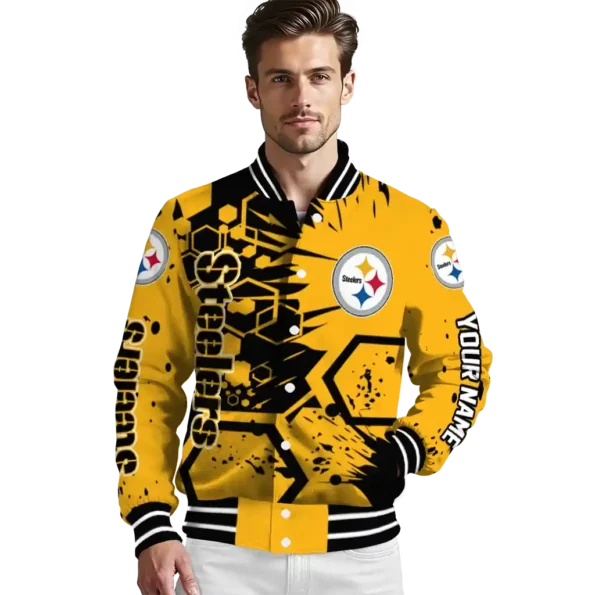 customized pittsburgh steelers hexagon cluster gold black varsity jacket high quality