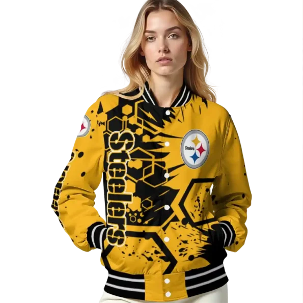 customized pittsburgh steelers hexagon cluster gold black varsity jacket latest model