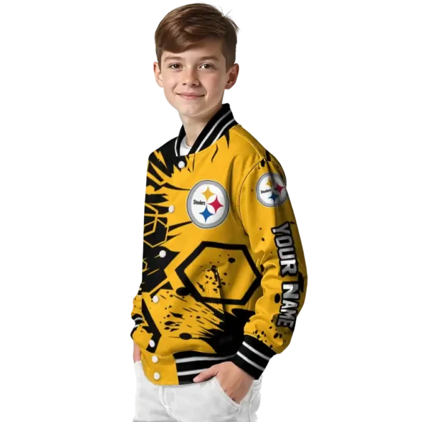 customized pittsburgh steelers hexagon cluster gold black varsity jacket trendy