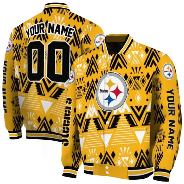 customized pittsburgh steelers pyramid shapes gold varsity jacket fashion forward