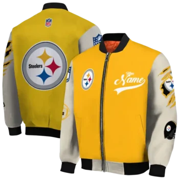 customized pittsburgh steelers razorback outline gold nude bomber jacket fashion forward