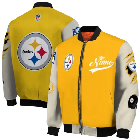 customized pittsburgh steelers razorback outline gold nude bomber jacket fashion forward