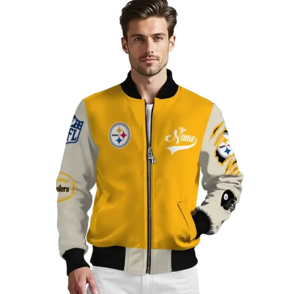customized pittsburgh steelers razorback outline gold nude bomber jacket high quality