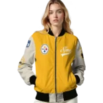 customized pittsburgh steelers razorback outline gold nude bomber jacket best selling