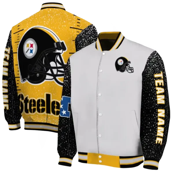 customized pittsburgh steelers speckled arms gold gray varsity jacket fashion forward
