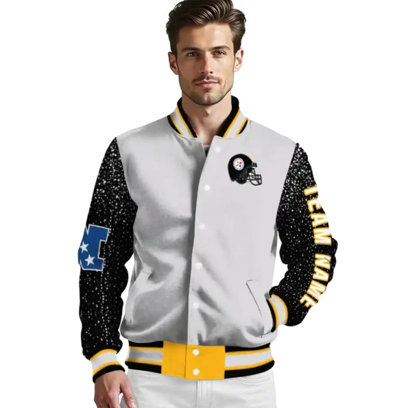 customized pittsburgh steelers speckled arms gold gray varsity jacket high quality