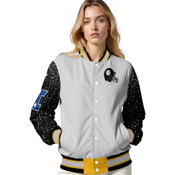customized pittsburgh steelers speckled arms gold gray varsity jacket latest model