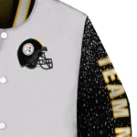 customized pittsburgh steelers speckled arms gold gray varsity jacket best selling