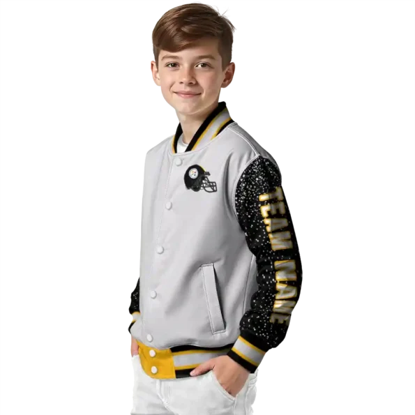 customized pittsburgh steelers speckled arms gold gray varsity jacket trendy