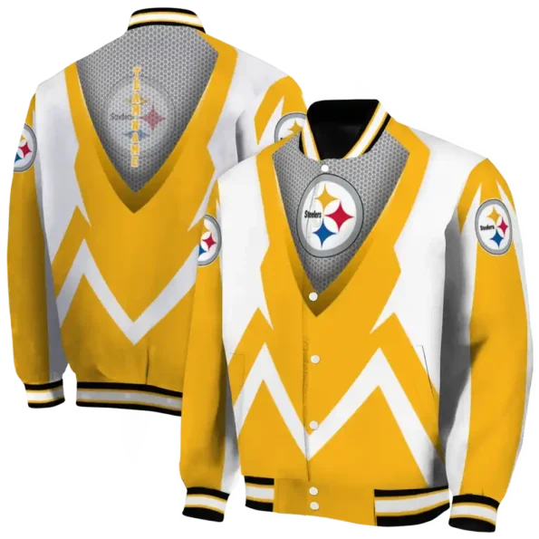 customized pittsburgh steelers v stripes gold white varsity jacket fashion forward