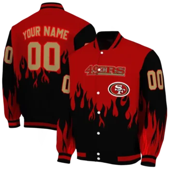 customized san francisco 49ers flame border red black varsity jacket fashion forward