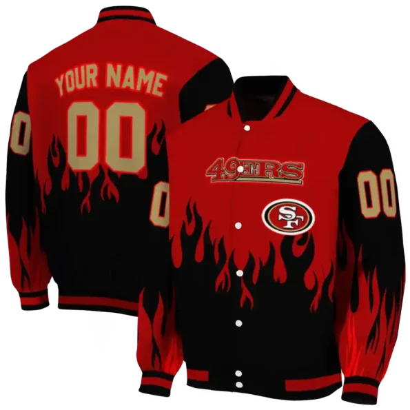 customized san francisco 49ers flame border red black varsity jacket fashion forward