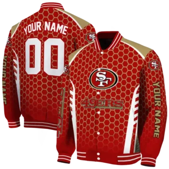 customized san francisco 49ers hexagon grid red varsity jacket fashion forward