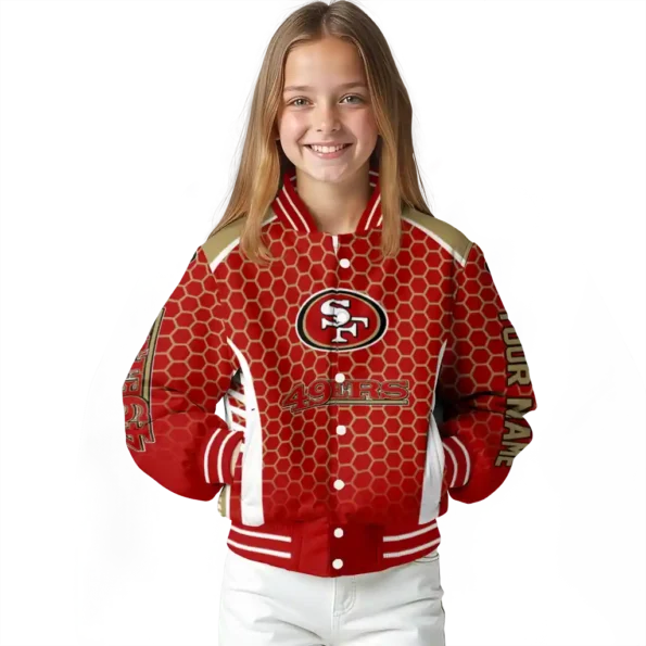 customized san francisco 49ers hexagon grid red varsity jacket top rated