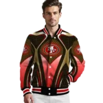 customized san francisco 49ers mesh chest tan crocs black varsity jacket best selling