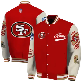 customized san francisco 49ers razorback outline red nude varsity jacket fashion forward
