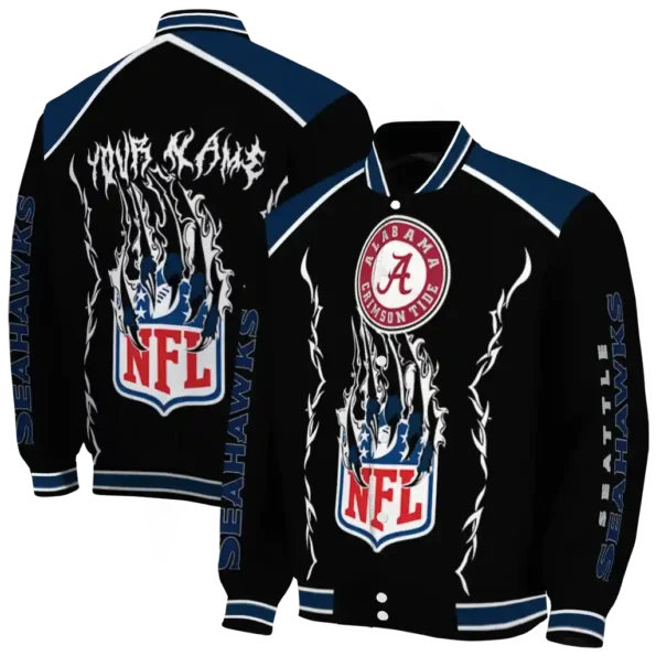 customized seattle seahawks claw blood blue black varsity jacket fashion forward