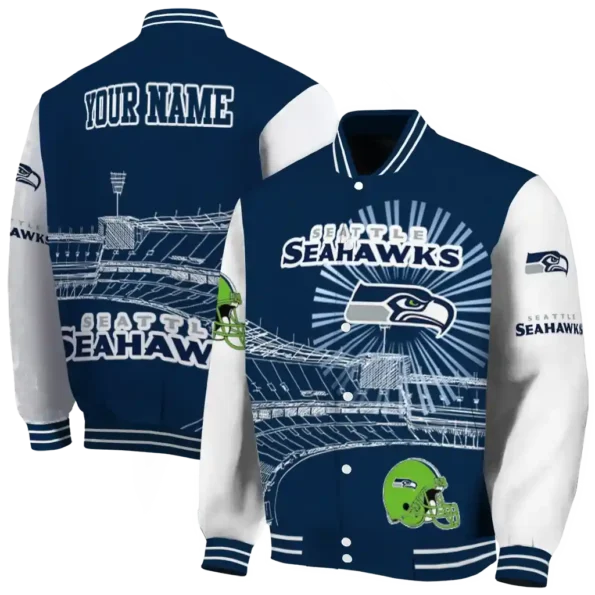 customized seattle seahawks ferris arena blue white varsity jacket fashion forward