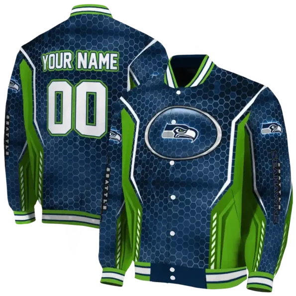 customized seattle seahawks power plate blue varsity jacket fashion forward