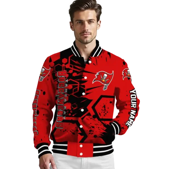 customized tampa bay buccaneers hexagon cluster red black varsity jacket high quality