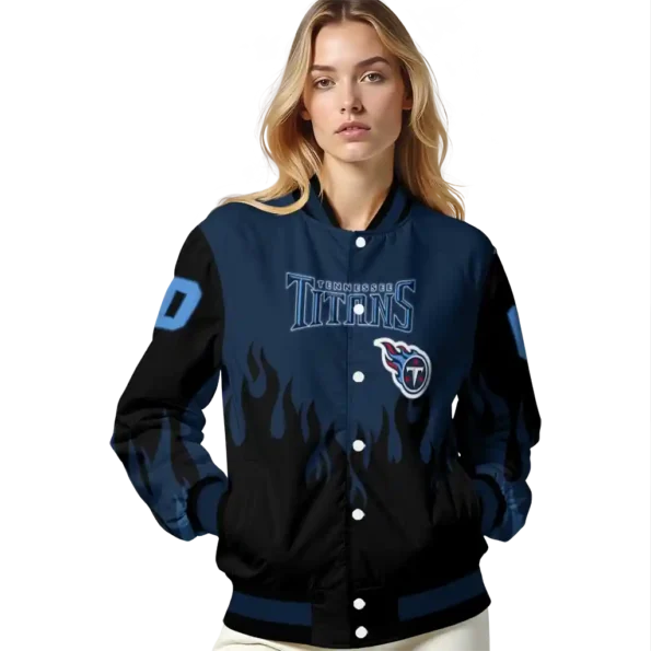 customized tennessee titans flame border navy black varsity jacket latest model