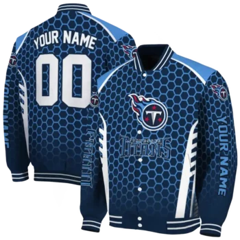 customized tennessee titans hexagon grid navy varsity jacket fashion forward