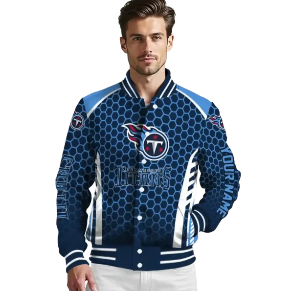 customized tennessee titans hexagon grid navy varsity jacket high quality